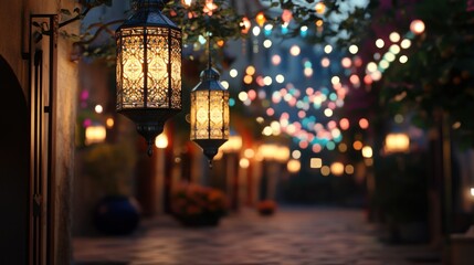 Fototapeta premium Ornate lanterns illuminate a picturesque alleyway at night, with festive lighting.