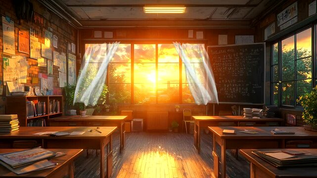 Sunlit vintage classroom with wooden desks, bookshelves, and blackboard at sunset. Seamless looping 4K time-lapse animation video background.