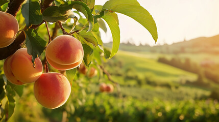 Fresh, ripe peaches on the tree. Rich harvest of peaches. Ripe fruits on the peach tree in the garden. Homegrown, organic peaches in the backyard of home.