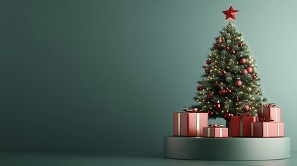Festive Christmas Tree with Red Gifts   Green Background