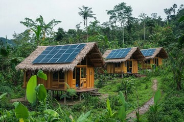  rural eco-lodge surrounded by untouched nature, cozy wooden bungalows with solar panels, promoting sustainable tourism 