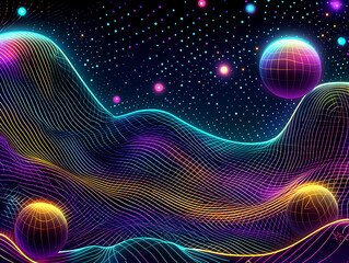 Vibrant abstract landscape with glowing spheres and flowing lines against a starry background