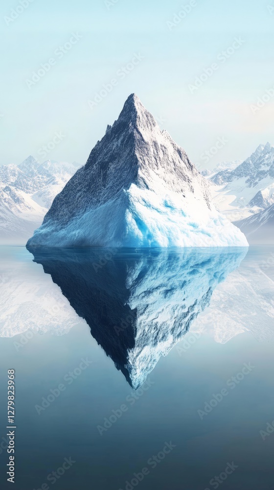 Poster iceberg resembling a snowy mountain peak is perfectly reflected on the surface of a calm body of wat