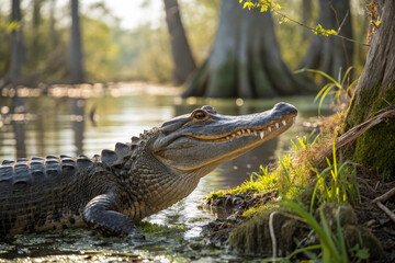 Fototapeta premium close up of alligator serene wetland environment, showcasing its powerful jaws and textured skin