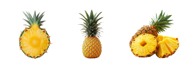 Fresh Pineapple and Slices Isolated on Transparent Background