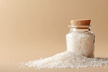 Small jar filled with white crystals and cork stopper