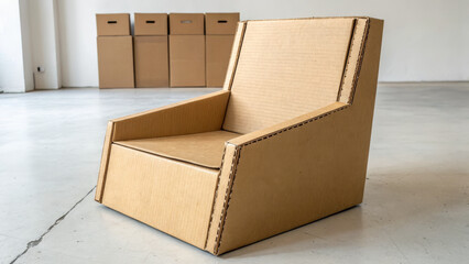 Cardboard chair design in minimalist space with storage boxes