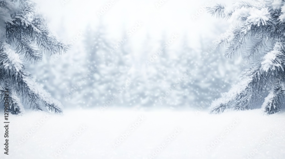 Poster snow covered fir branches create a natural frame around a blurred winter forest scene, evoking tranq
