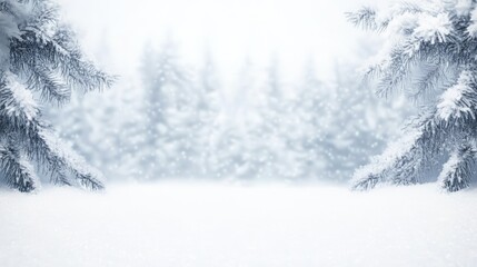 Snow covered fir branches create a natural frame around a blurred winter forest scene, evoking tranquility and the magic of a snowy wonderland