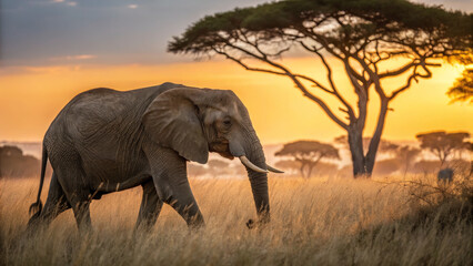 Majestic elephant walking through golden grass at sunset in savanna