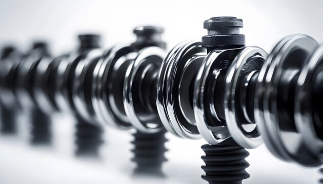 Row of shiny insulators used in high voltage power lines