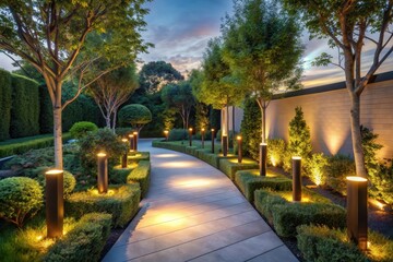 Fototapeta premium Serene Evening Pathway Illumination in a Lush Garden Landscape Featuring Ornamental Shrubs and Trees with Soft Lighting Accents