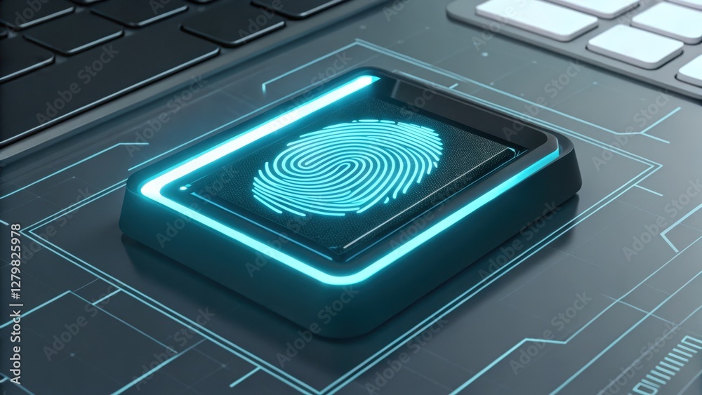 Poster biometric security: close-up of a fingerprint scanner with a glowing digital fingerprint displayed, 
