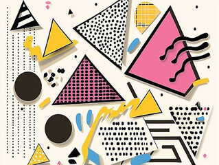 Abstract geometric shapes in vibrant colors create a dynamic composition with playful patterns