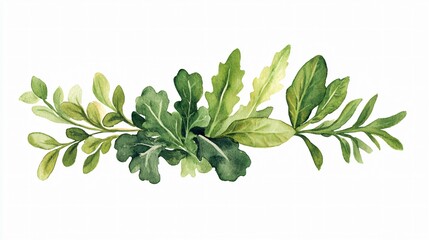 Botanical Greenery Border: A delicate watercolor painting of an elegant border made of various green leaves and foliage.