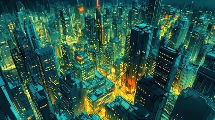 Dynamic perspective city skyline illustration flat design top view cyberpunk theme cartoon drawing vivid
