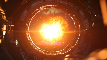 A spaceship's viewport reveals a spectacular cosmic explosion, a fiery spectacle of bright orange and yellow against a dark starry backdrop. The scene is dramatic and intense.