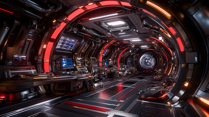 Futuristic spaceship corridor with red and orange lighting, advanced technology, and sleek metallic design.  Ideal for sci-fi, gaming, and tech backgrounds.