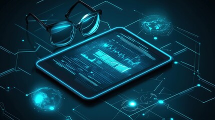 Futuristic digital workspace featuring tablet with analytics, glasses, and global data visualizations