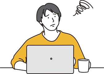 パソコン操作をしている困り顔の男性のイラスト素材