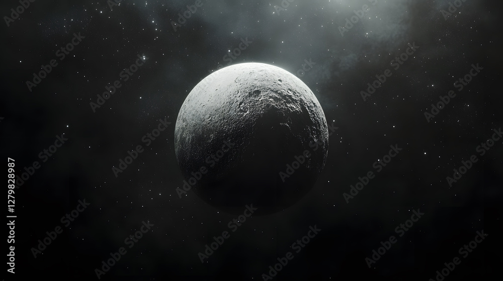 Wall mural a grayscale rendering of a cratered celestial body against a backdrop of stars and nebulae. the imag