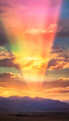 Fototapeta premium Colorful beams of light shine through clouds in the sky