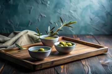 Serene Still Life Featuring Olive Oil and Green Olives in Small Bowls on Wooden Tray