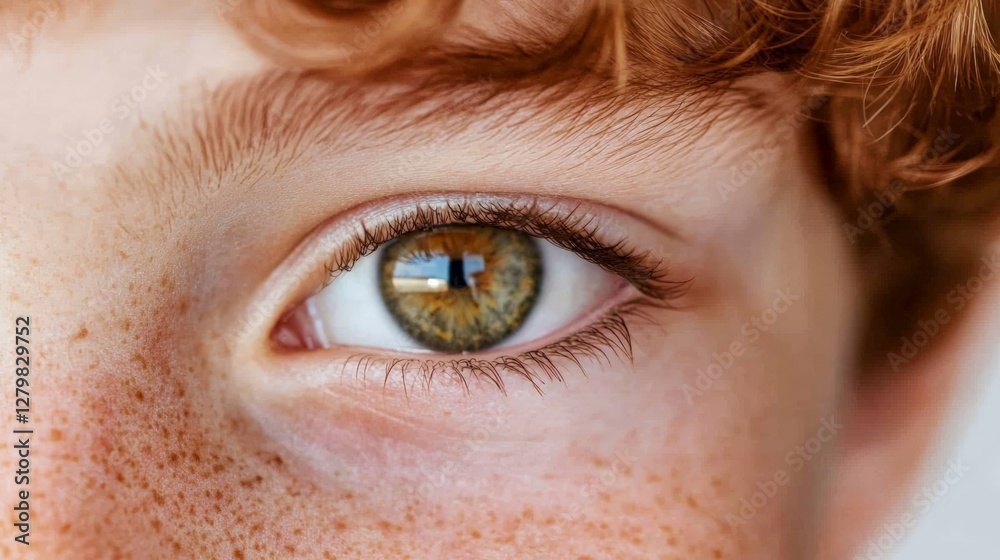 Poster macro photography of a hazel eye belonging to a freckled, red haired individual showcasing the intri