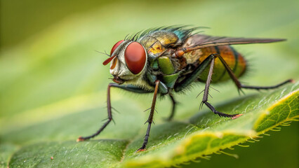 Fototapeta premium close up of colorful fly resting on green leaf, showcasing its detailed features