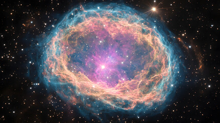 A vibrant nebula glows in the deep space, showcasing swirling clouds of pink, orange, and blue hues around a bright central star.  Stars twinkle in the dark background.