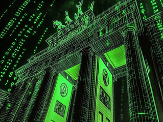 Fototapeta premium Brandenburg Gate holographic futuristic wireframe neon green glowing cyber digital matrix sci-fi virtual reality architectural Berlin landmark modern tech mesh data urban dreamy travel iconic grid