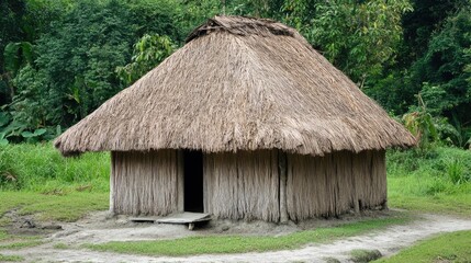 traditional hut with a thatched roof in a rural setting.