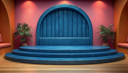 A blue stage is illuminated with warm colored lighting and plants