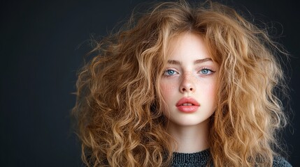 Naklejka premium Young woman with voluminous, curly, light brown hair against a dark background. Her beauty is accentuated by natural freckles and makeup.