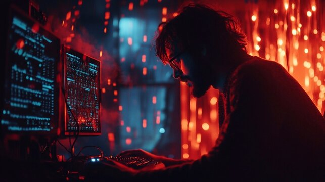A hacker in a dark environment attempting to breach a secure firewall, with data encryption algorithms actively blocking unauthorized access.