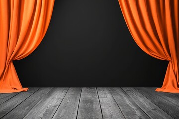 The curtains are orange and the stage is empty
