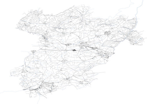vector map of buildings, highways, and waterways in the capellen canton area of the country of luxembourg black and white color