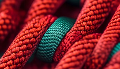 Macro photograph of intertwined red and green textured ropes