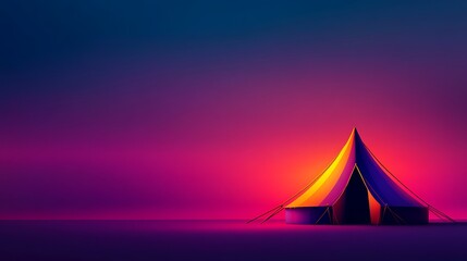 Neon tent in vibrant sunset scene. Possible use stock photo