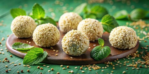 Obraz premium Delectable Sesame Seed and Mint Confections Arranged on a Rustic Wooden Board
