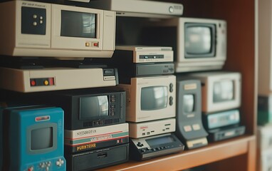 Vintage electronics stacked on wooden shelf