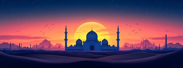 Obraz premium Desert Mosque Sunset Silhouette