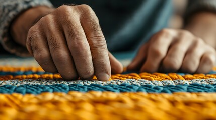 Crafting a Colorful Quilt: The Delicate Art of Hand Sewing Bright Patterns with Careful Hands. Handmade, Design, Tradition Concept