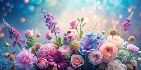 Fototapeta premium A delightful arrangement of pastel-hued blossoms, showcasing delicate roses, vibrant wildflowers, and lush peonies, artfully composed against a soft, shimmering backdrop