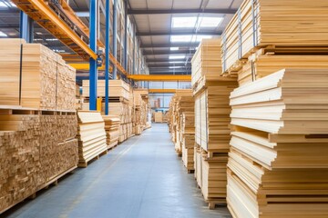 Obraz premium Large warehouse filled with stacks of wood