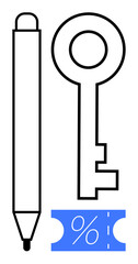 Key, pen, and discount voucher combined in minimalist line art. Ideal for business, finance, contracts, savings, access writing negotiations. Abstract line flat metaphor
