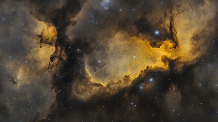 Obraz premium A breathtaking image of a nebula, glowing with golden hues against a backdrop of countless stars. Dark, shadowy regions contrast with bright, luminous clouds of interstellar gas and dust.