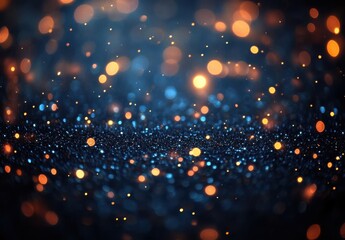 Fototapeta premium Abstract glittering background with bright bokeh lights and shimmering particles in deep blue and orange tones for festive and celebratory themes