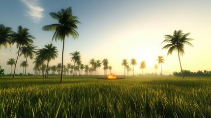Fototapeta premium Tropical Sunset Scene with Palm Trees and Fire