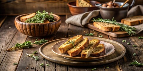 Rustic Table Setting Featuring Herb-Infused Toasted Bread Slices, Accompanied by Fresh Herbs and a Bowl of Seasoning